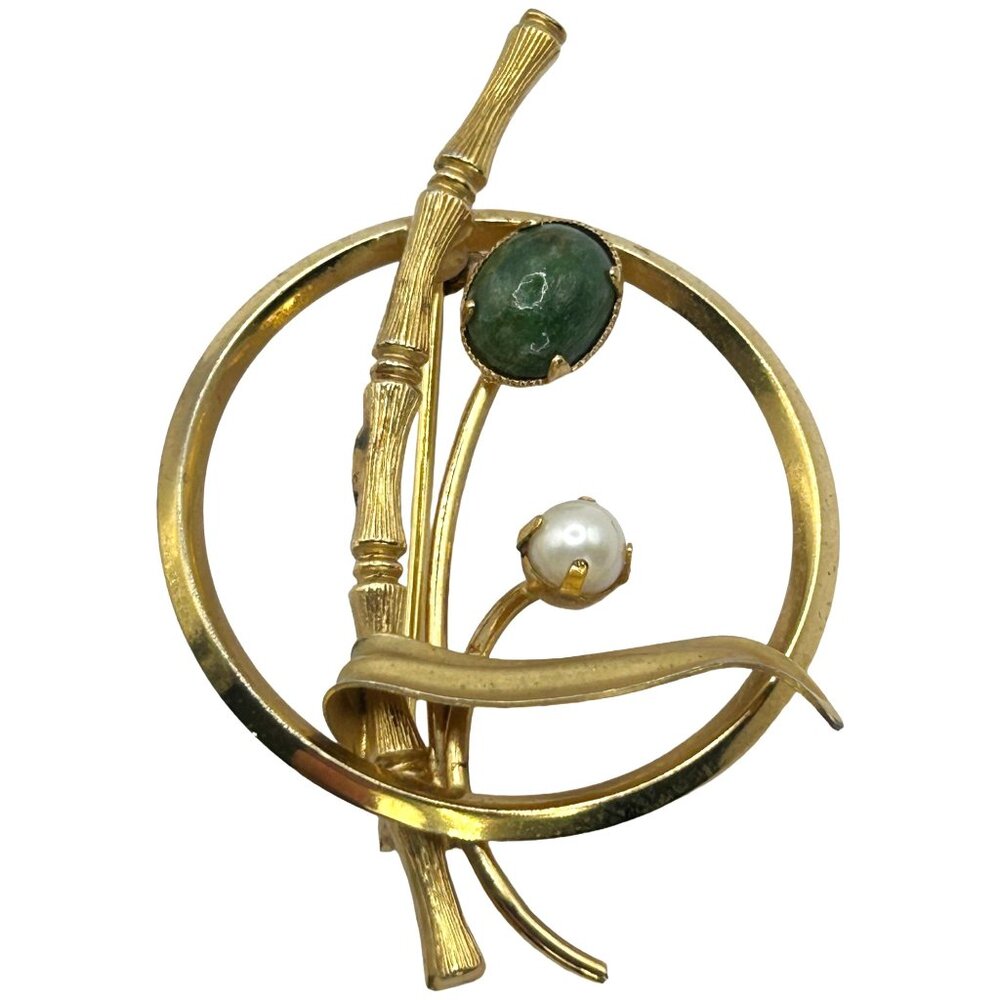 Vintage CR & Co 12k Gold Filled Jade Pearl Bamboo Circle Brooch Pin